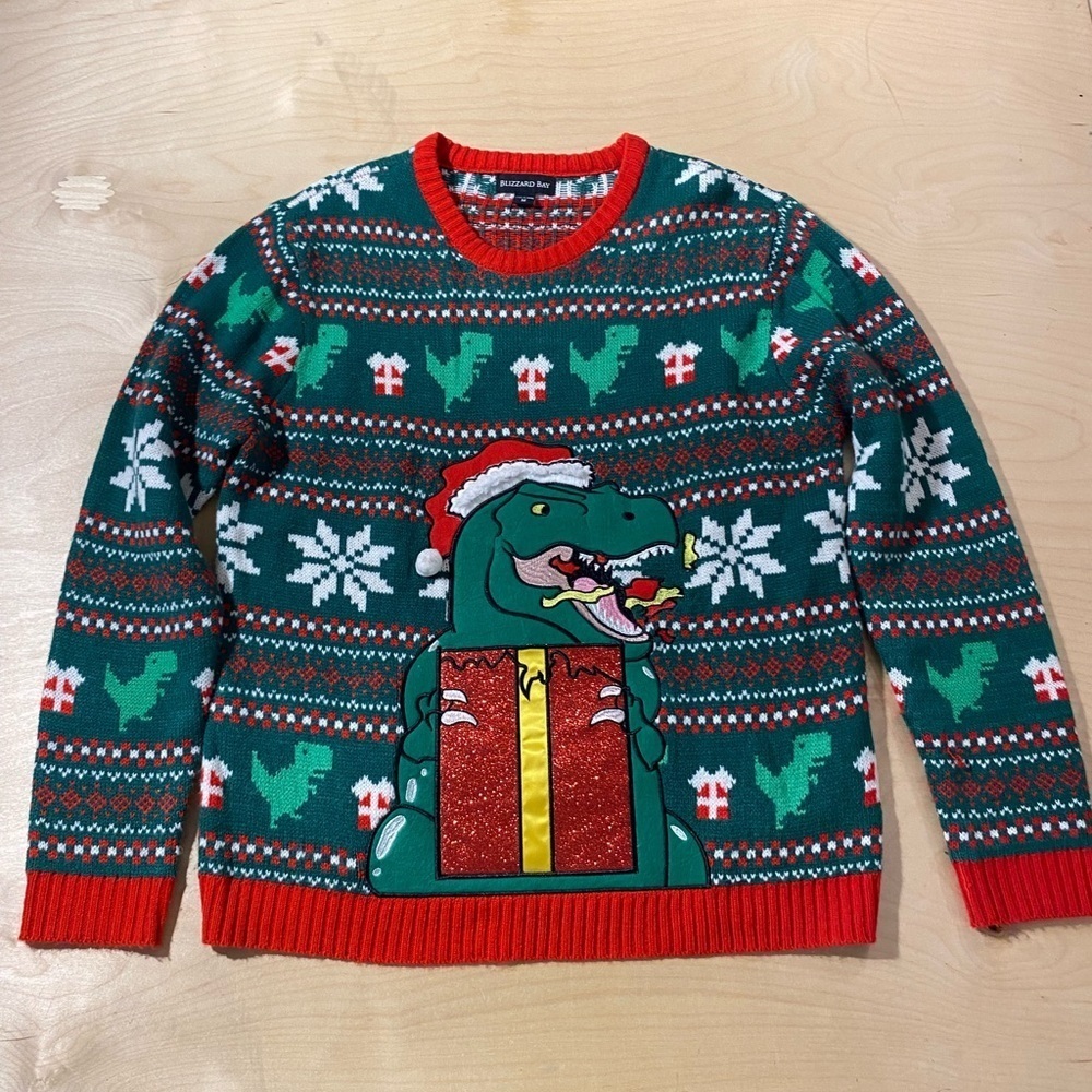 Blizzard Bay Festive Dinosaur Christmas Sweater - Green and Red Medium (KK)